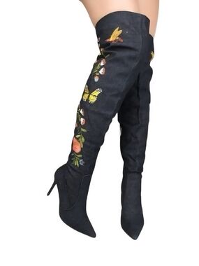 Cape Robbin Black Over-the-Knee Boots with Floral & Butterfly Embroidery